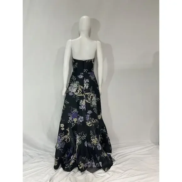Marchesa Notte 'Strapless' Black Metallic Floral-Jacquard Gown Size 2 Dresses
